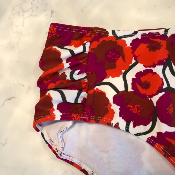 Jones New York Floral Bikini Bottoms w Side Ruching Purple Orange Brown Size L - Picture 2 of 8